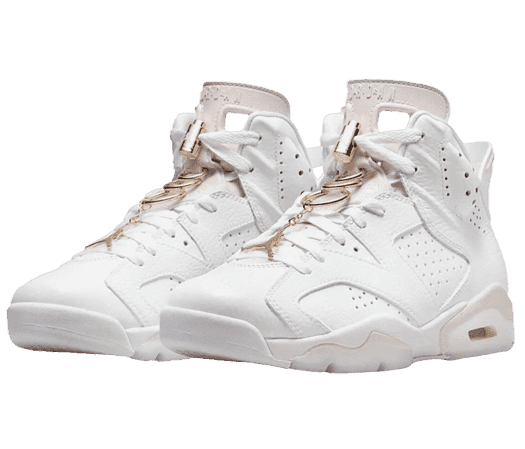 A white pair of AJ6 “Gold Hoops” sneakers with gold metal lace locks and hoops on the tongue with the Jumpman logo hanging off the bottom hoop.
