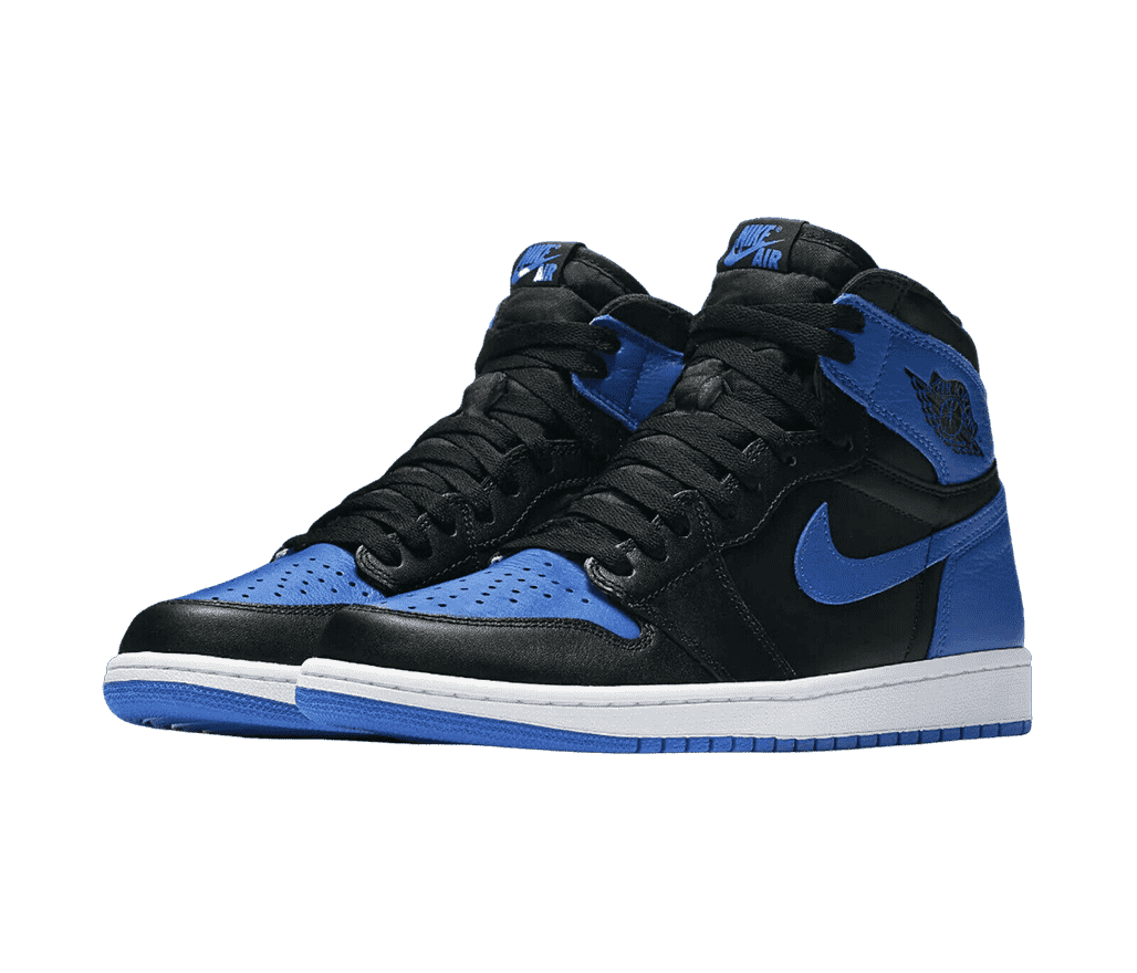 A pair of AJ1 High “Royal” sneakers in black uppers, white midsoles, and blue overlays, toeboxes, and outsoles.