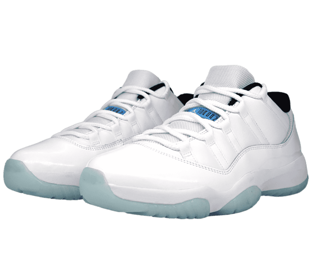 A pair of AJ11 “Legend Blue” sneakers in all-white uppers, laces, and midsoles, and light blue semi-translucent outsoles.