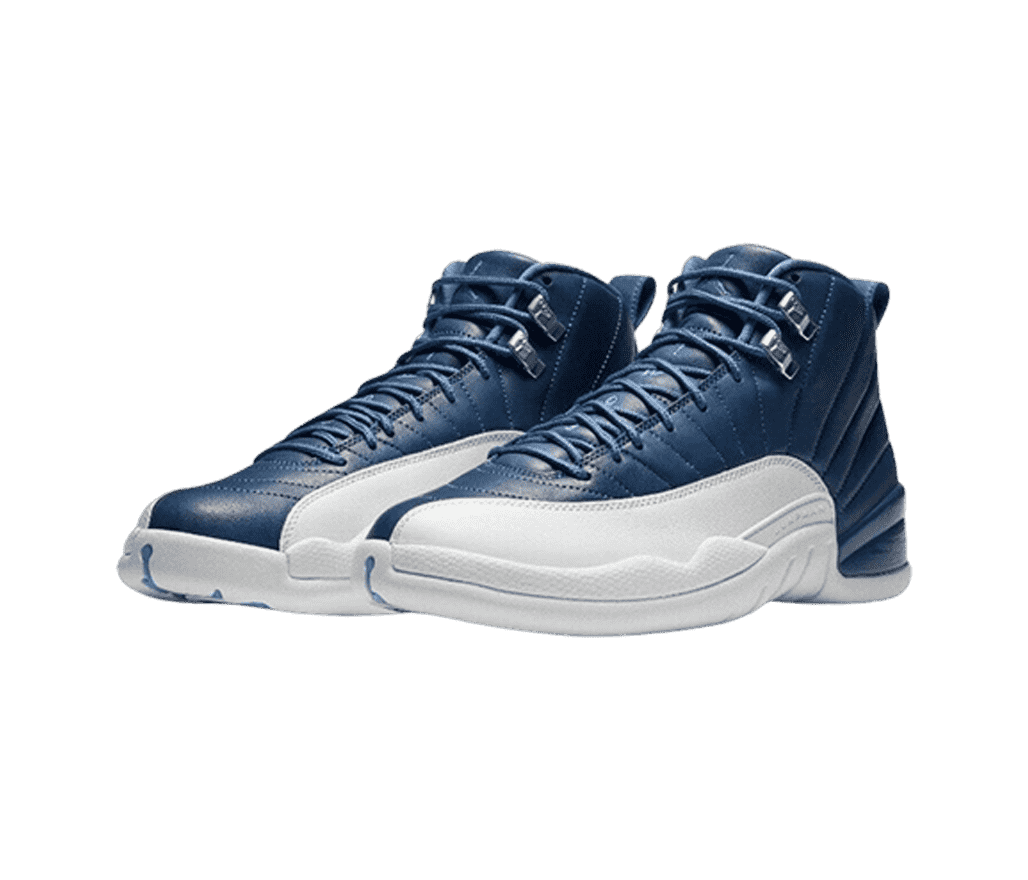A pair of AJ12 “Indigo” sneakers in indigo blue leather, white mudguards, and metallic lace locks.
