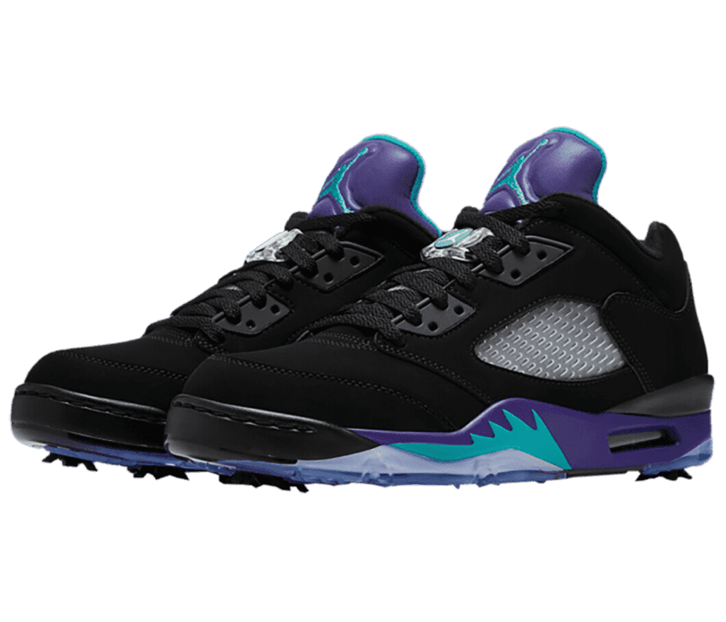 A black suede pair of AJ5 “Black Grape” Golf sneakers in black suede uppers, purple and teal detailing on the tongues and soles, and black spikes on the bottom.