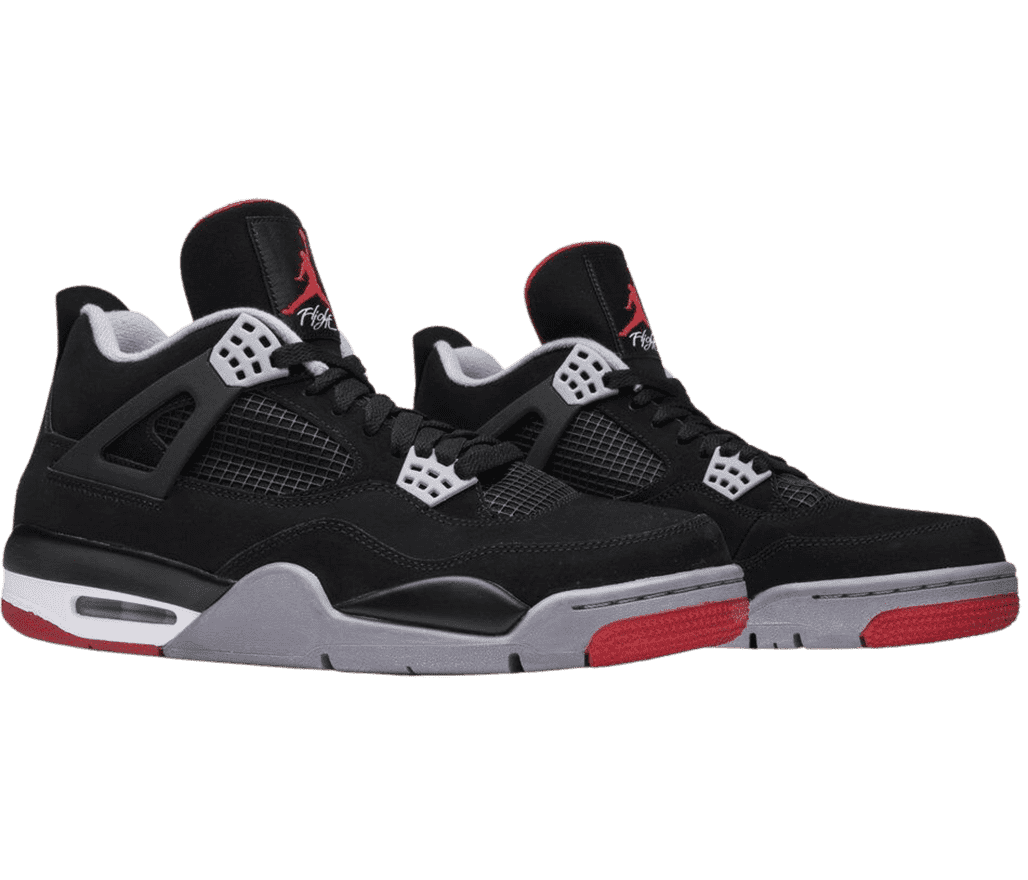 A pair of AJ4 “Bred” sneakers in black suede uppers, gray and black soles with red tips and heels, white lining, and light gray lace cages.