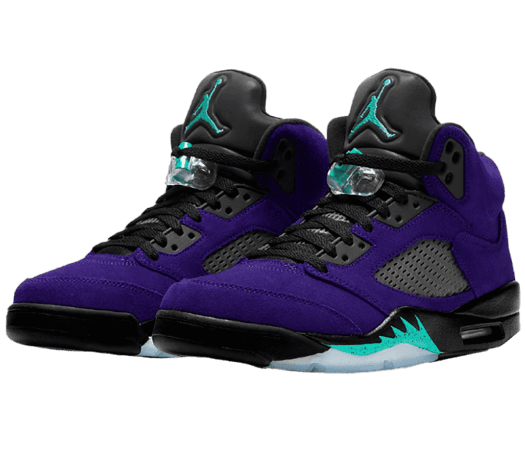 A pair of AJ5 “Alternate Grape” sneakers in a deep purple suede, black soles, a clear lace lock, and teal logos on the tongue and detailing on the soles.