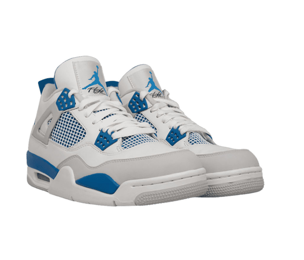 A pair of AJ4 “Military Blue” sneakers in white and light gray with blue details.