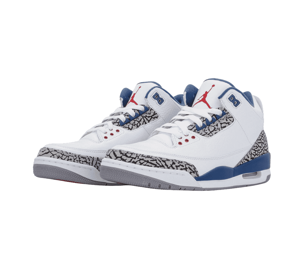 A white pair of AJ3 “True Blue” sneakers with dark blue detailing and black and gray elephant print at the tips, heels, and vamps.