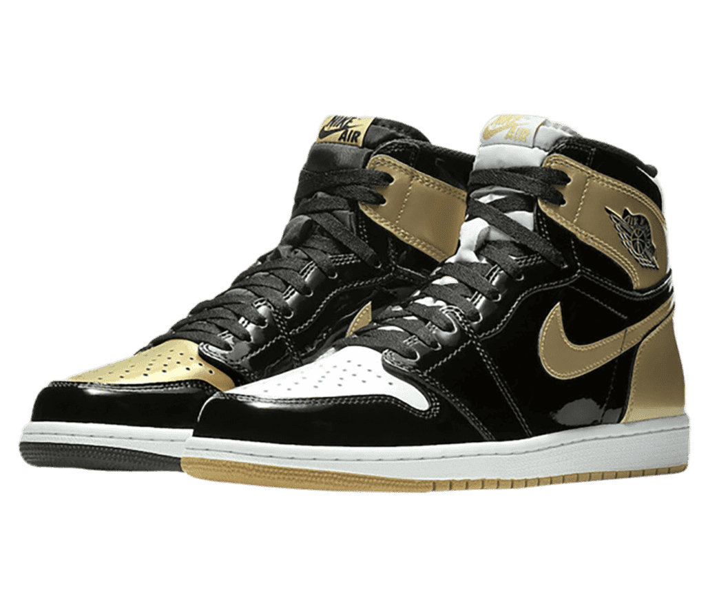 A pair of AJ1 High “Gold Toe” sneakers in black, white, and gold patent leather with mismatched toeboxes and outsoles.