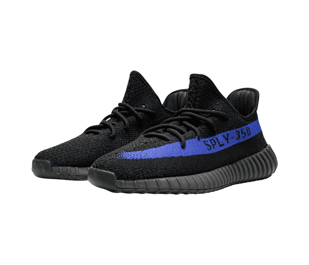 A pair of Adidas Originals YEEZY Boost 350 sneakers with black soles and uppers and a blue stripe on the lateral sides.