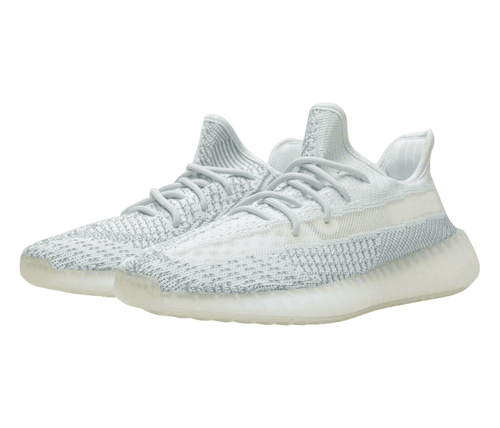 A pair of YEEZY shoes for women in white with a semi-transluent, mesh, side stripe on the upper side and boosted soles.