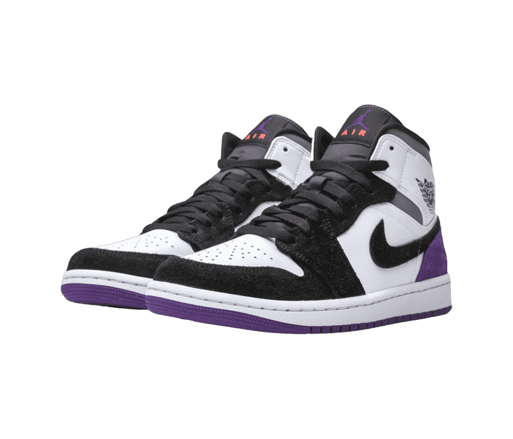 A white pair of AJ1 Mid “Varsity Purple” sneakers with black vamps, tips, and laces and purple suede heels and outsoles.