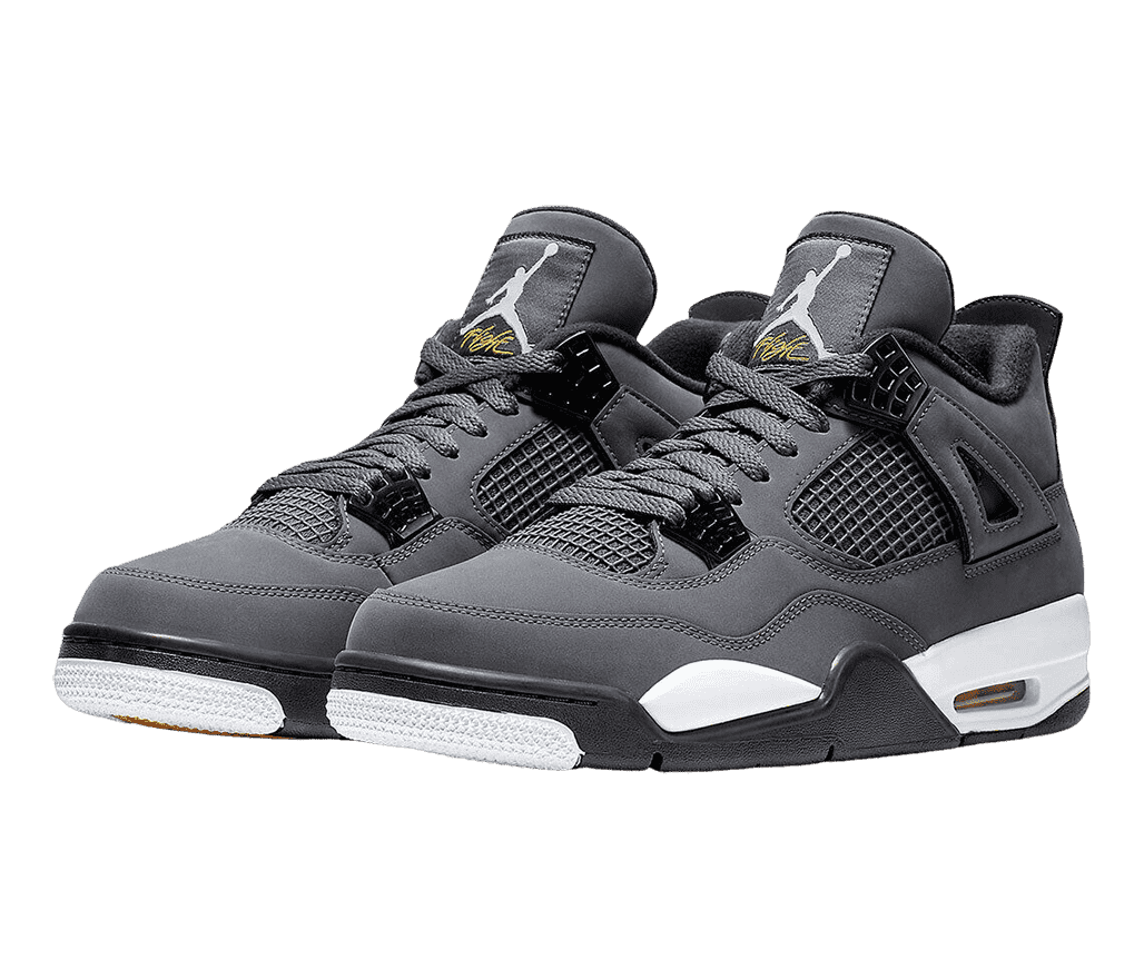 A gray suede pair of AJ4 sneakers with black lace cages, white midsoles, and black outsoles.