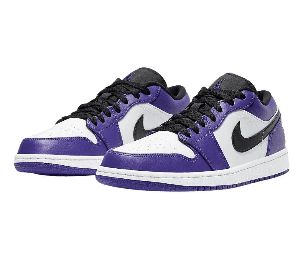 A patent leather pair of AJ1 Low sneakers in white uppers, purple overlays, white midsoles, and black Swooshes and tongues.