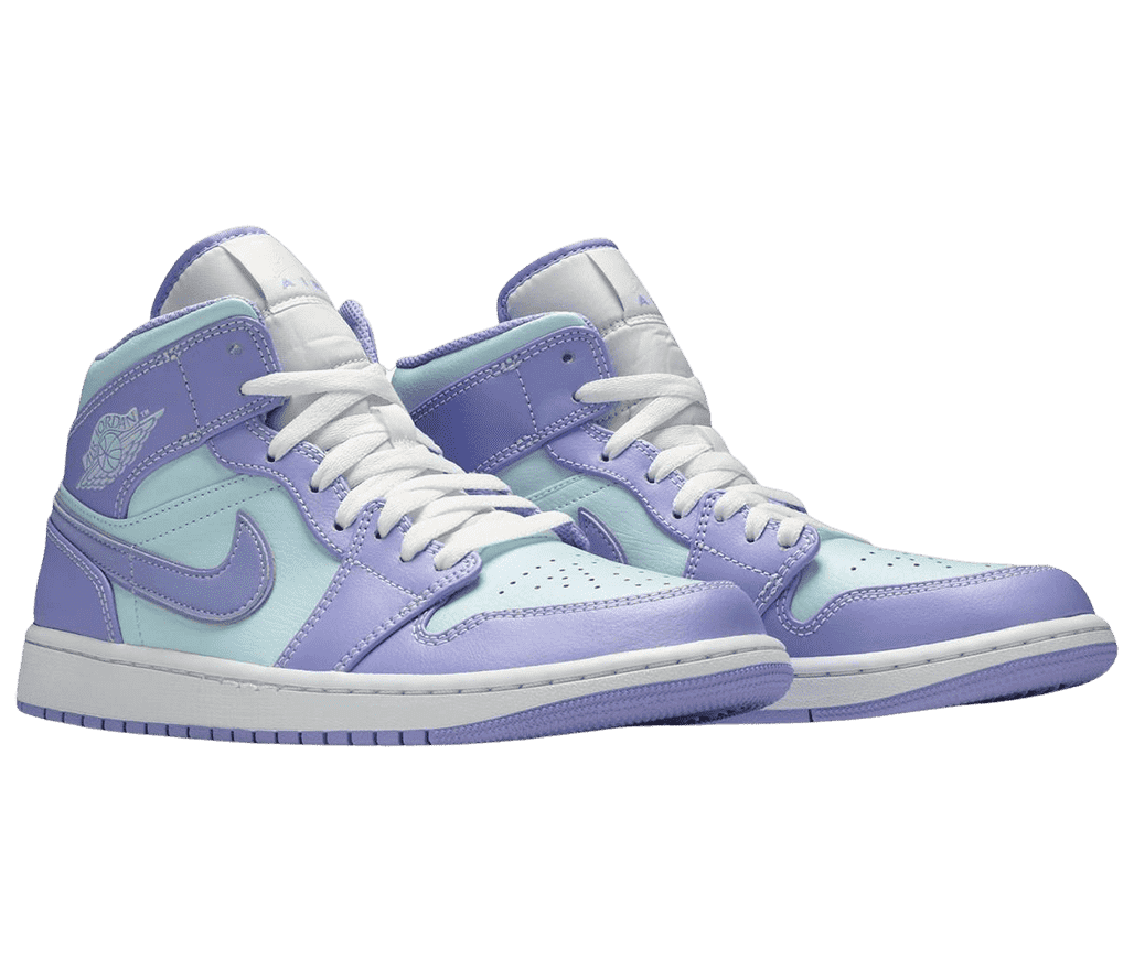 A pair of AJ1 Mid “Purple Pulse” sneakers with light blue uppers, light purple overlays, and white midsoles and laces.