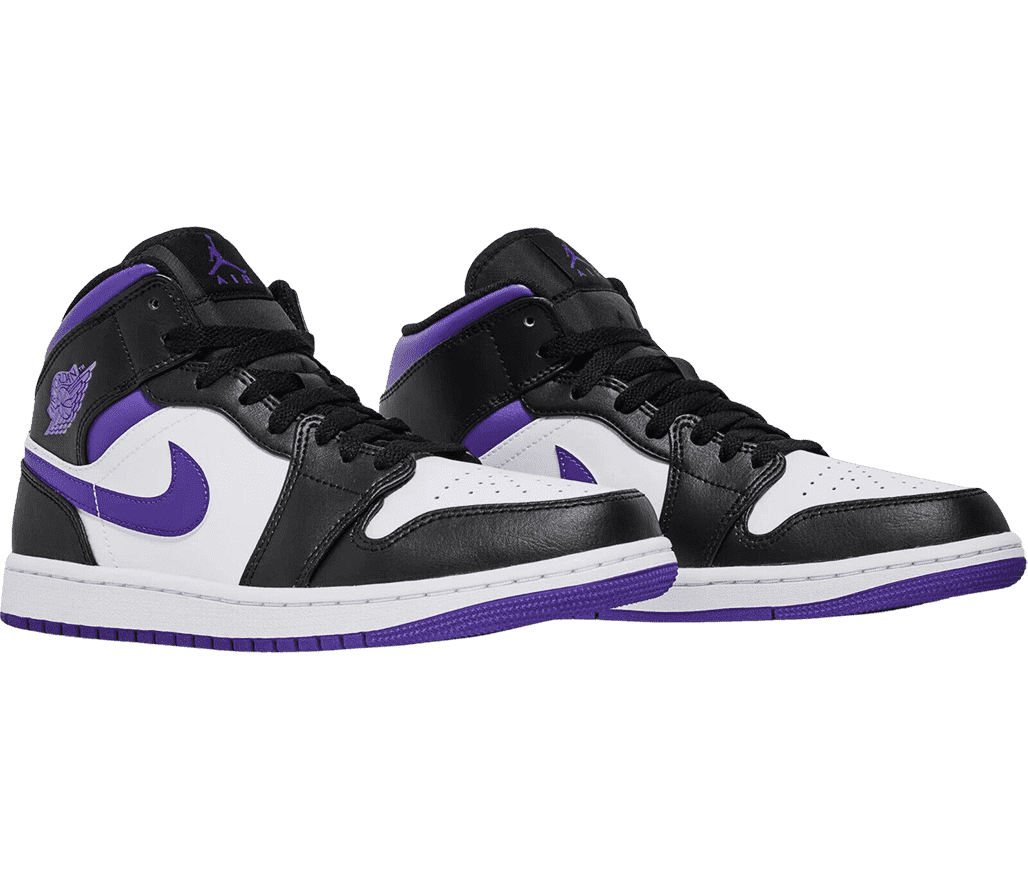 A pair of AJ1 Mid “Dark Iris” sneakers in white uppers and midsoles, black overlays, and purple collars and Swooshes.