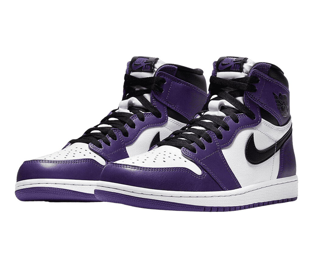 A pair of AJ1 High “Court Purple” sneakers with white uppers and midsoles, purple overlays, and black laces and Swooshes.
