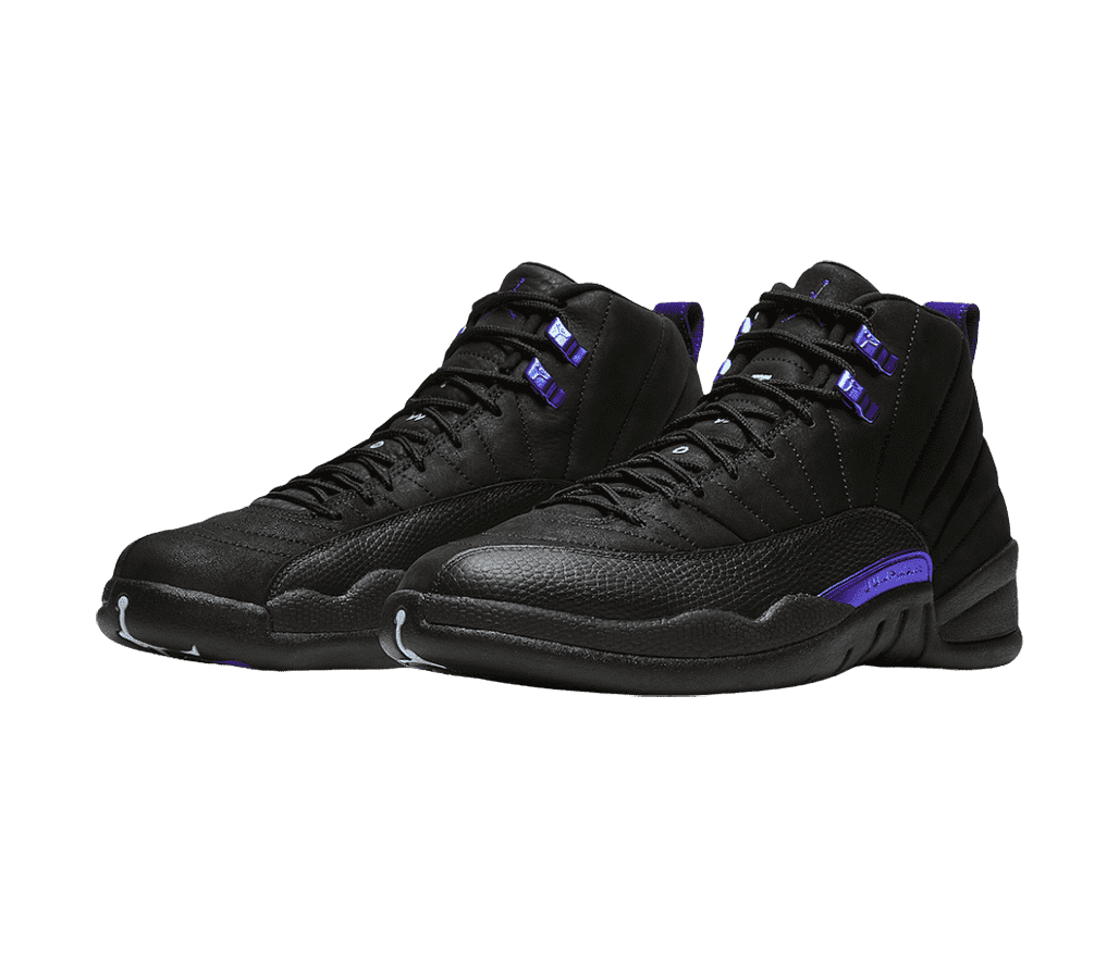A black pair of AJ12 “Dark Concord” sneakers with purple details.