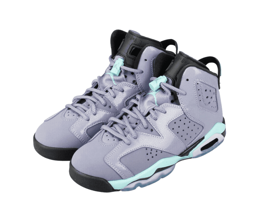 A pair of AJ6 sneakers with lilac uppers, black and white soles, and teal midsoles.
