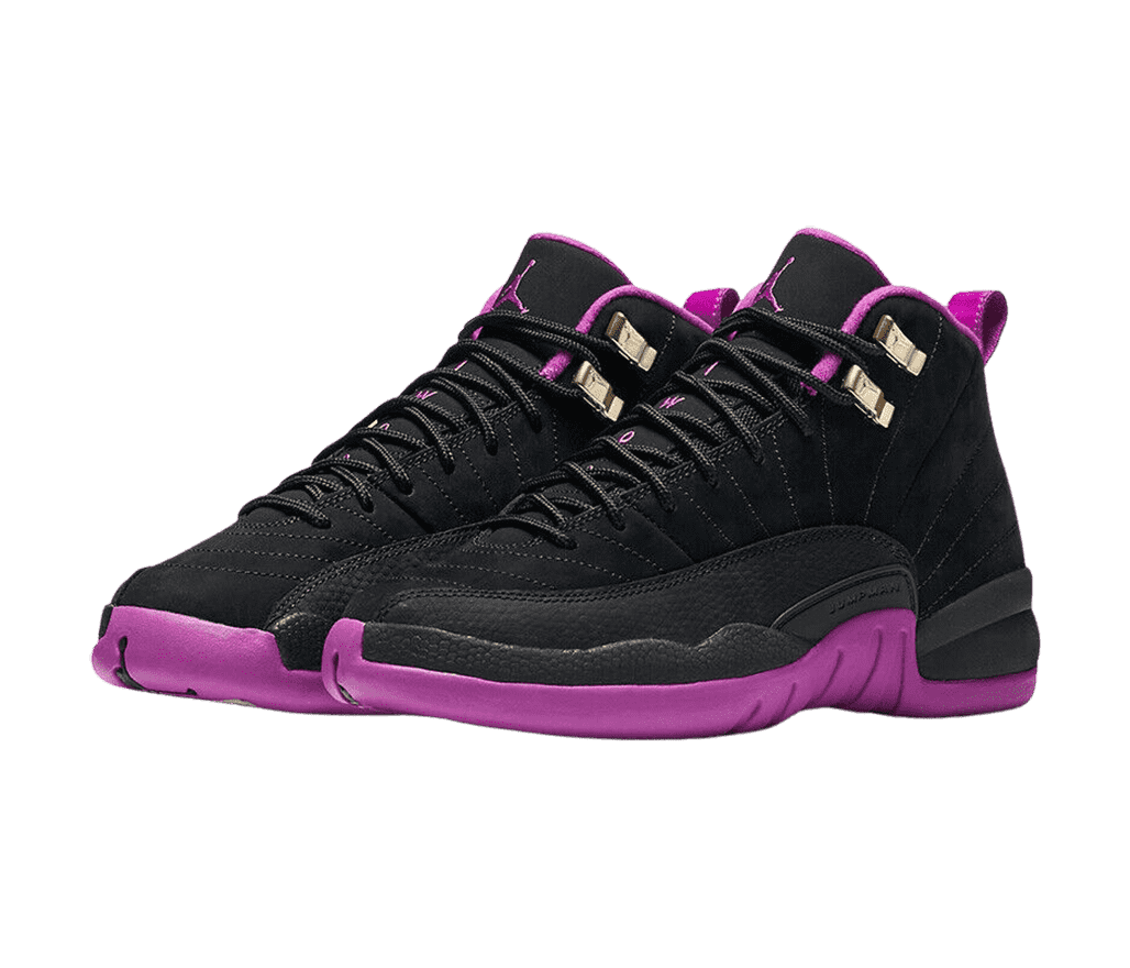 A pair of AJ12 sneakers with black uppers, fuschia soles, and fuschia linings.
