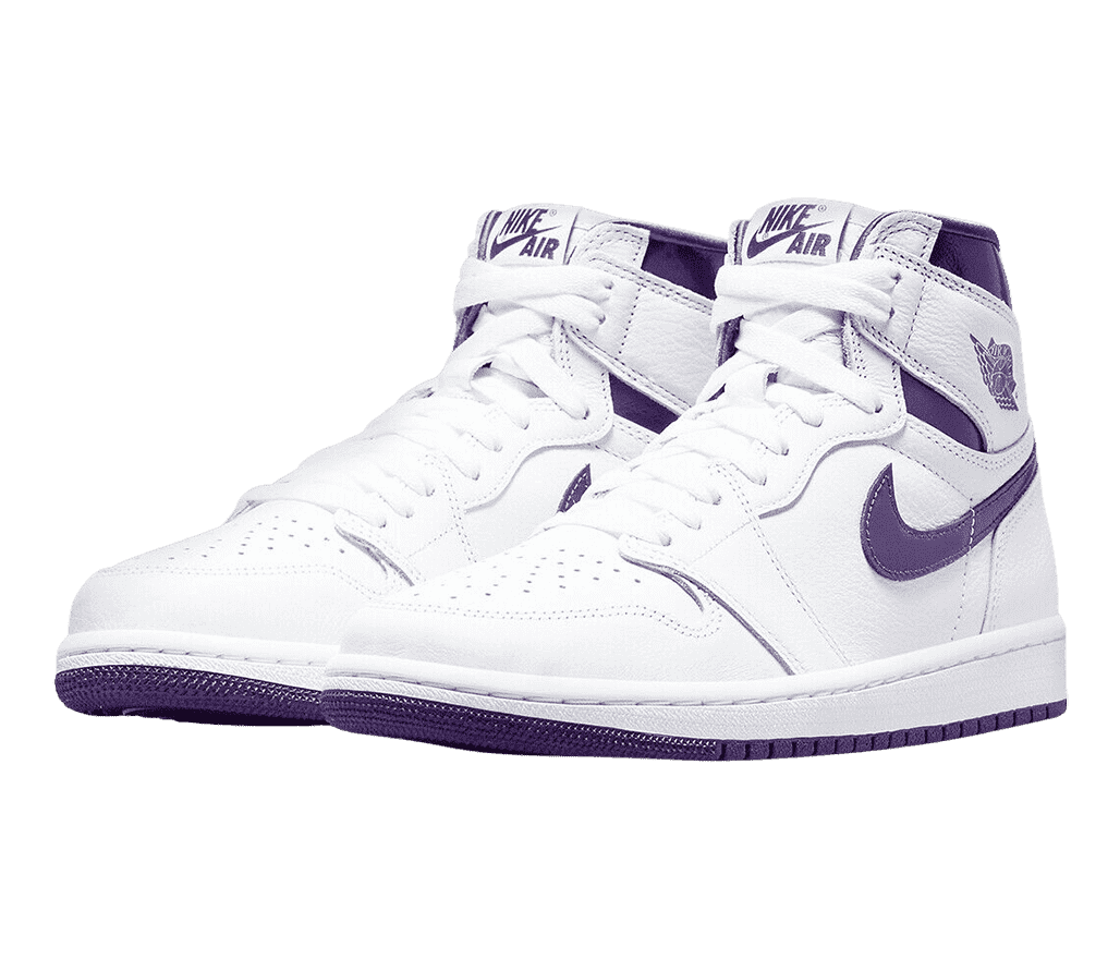 A white pair of AJ1 High “Court Purple” sneakers with purple Swooshes, collars, and outsoles.