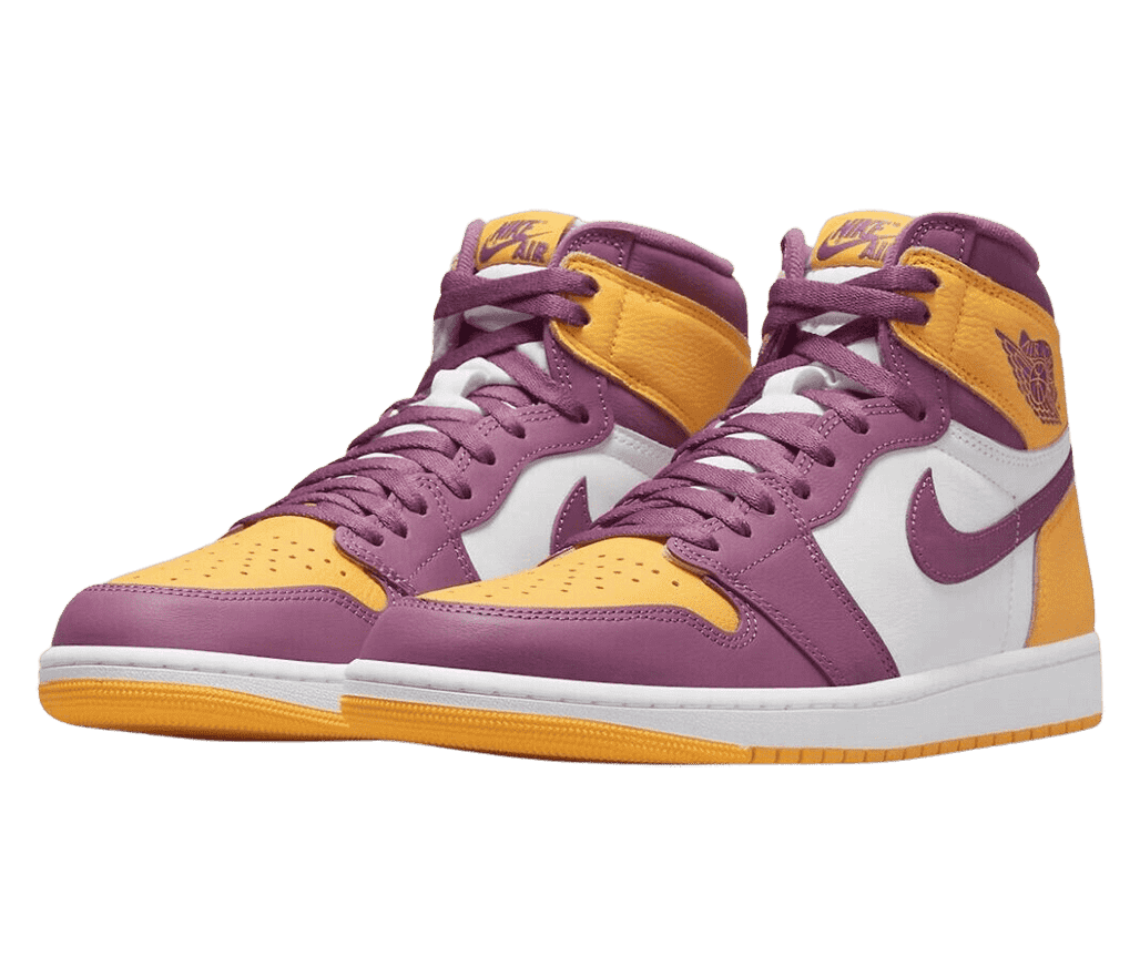 A pair of AJ1 High “Brotherhood” sneakers in purple, white, and yellow.