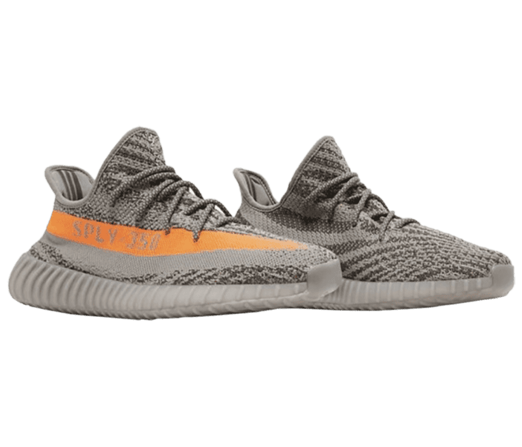 A pair of gray and orange YEEZY sneakers in a
                      textured cotton canvas wit an orange side stripe that says ”SPLY-350.”