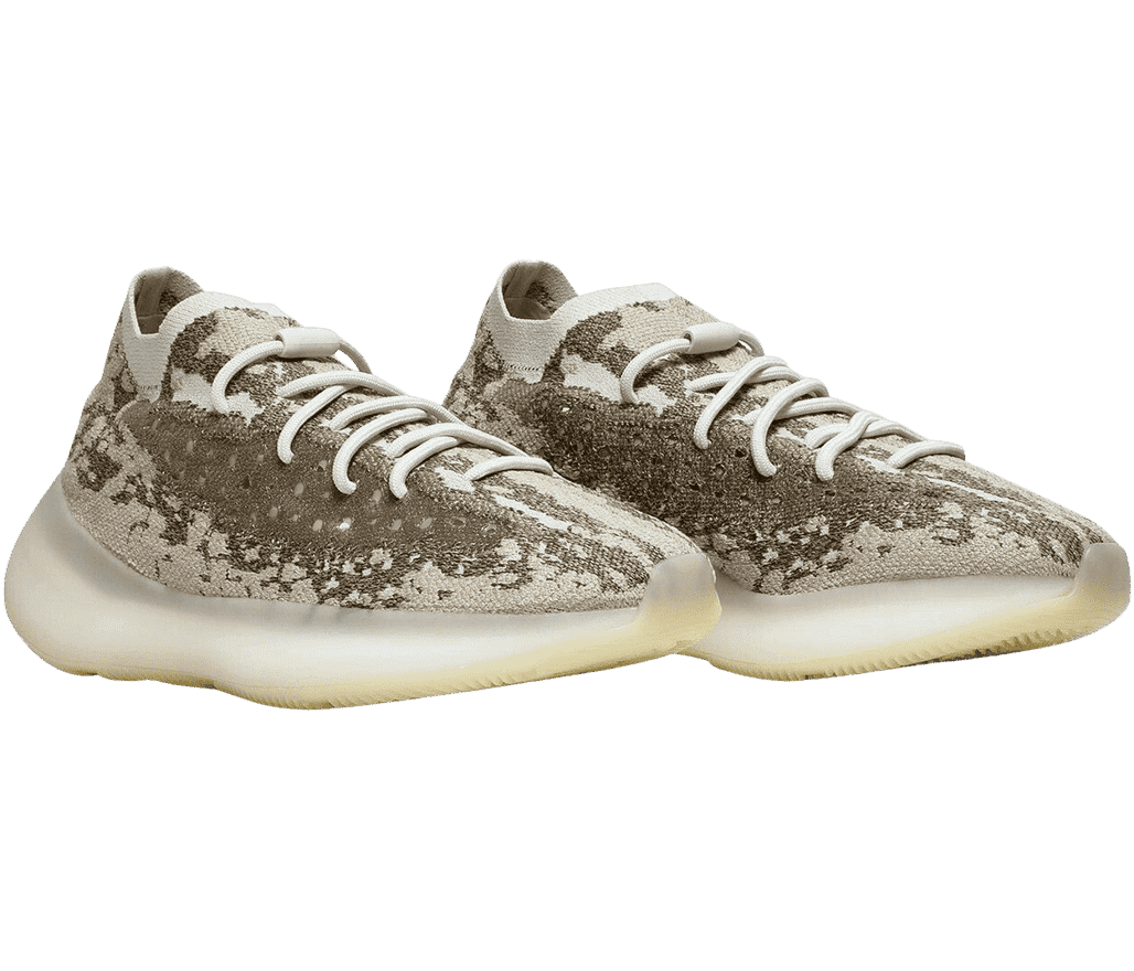 A pair of Adidas YEEZY Boost 380 “Pyrite” sneakers with woven uppers in shades of gray, off-white soles, and white laces.