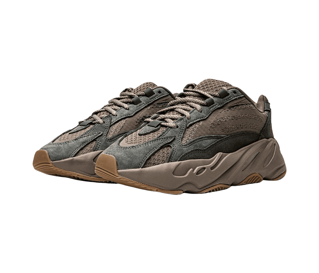 A pair of Yeezy Boost 700 V2 “Mauve” sneakers with brown mesh uppers, gray suede overlays, and beige outsoles.