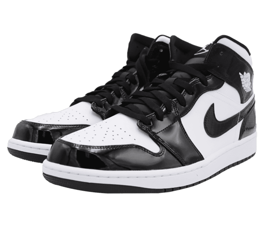 A pair of AJ1 Mid “All Star 2021” sneakers in white uppers and midsoles and black outsoles and patent leather overlays.