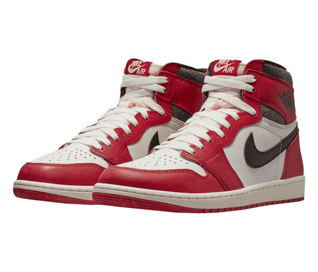 A pair of AJ1 High “Lost and Found” sneakers in red, white, and black with cracked leather collars.