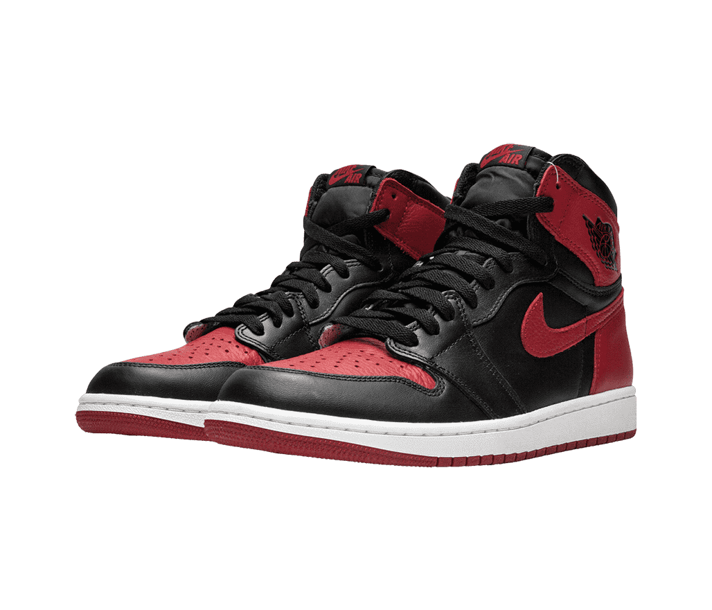 A black pair of AJ1 High sneakers with red toeboxes, heels, collar straps, Swooshes, and outsoles.