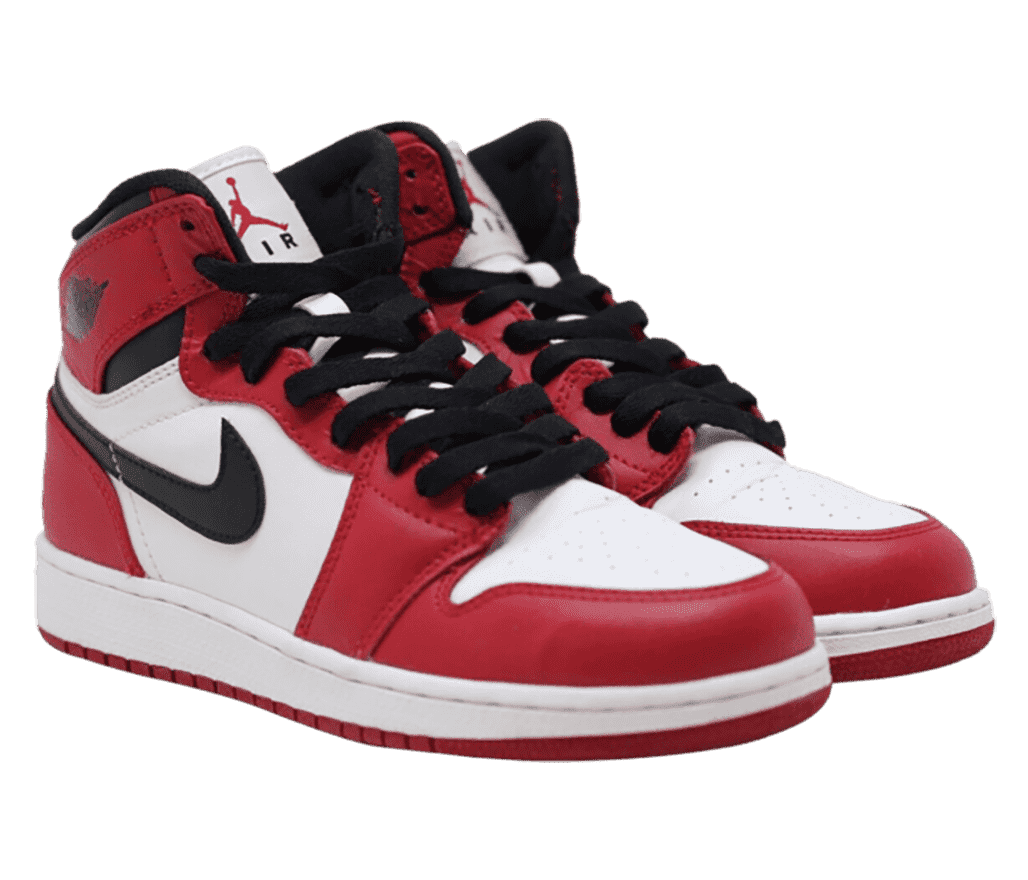 A pair of AJ1 Mid sneakers in white uppers with red overlays and black laces, Swooshes, and collars.