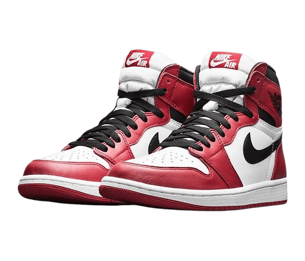 A pair of AJ1 High sneakers in white uppers with red overlays and black laces, Swooshes, and collars.