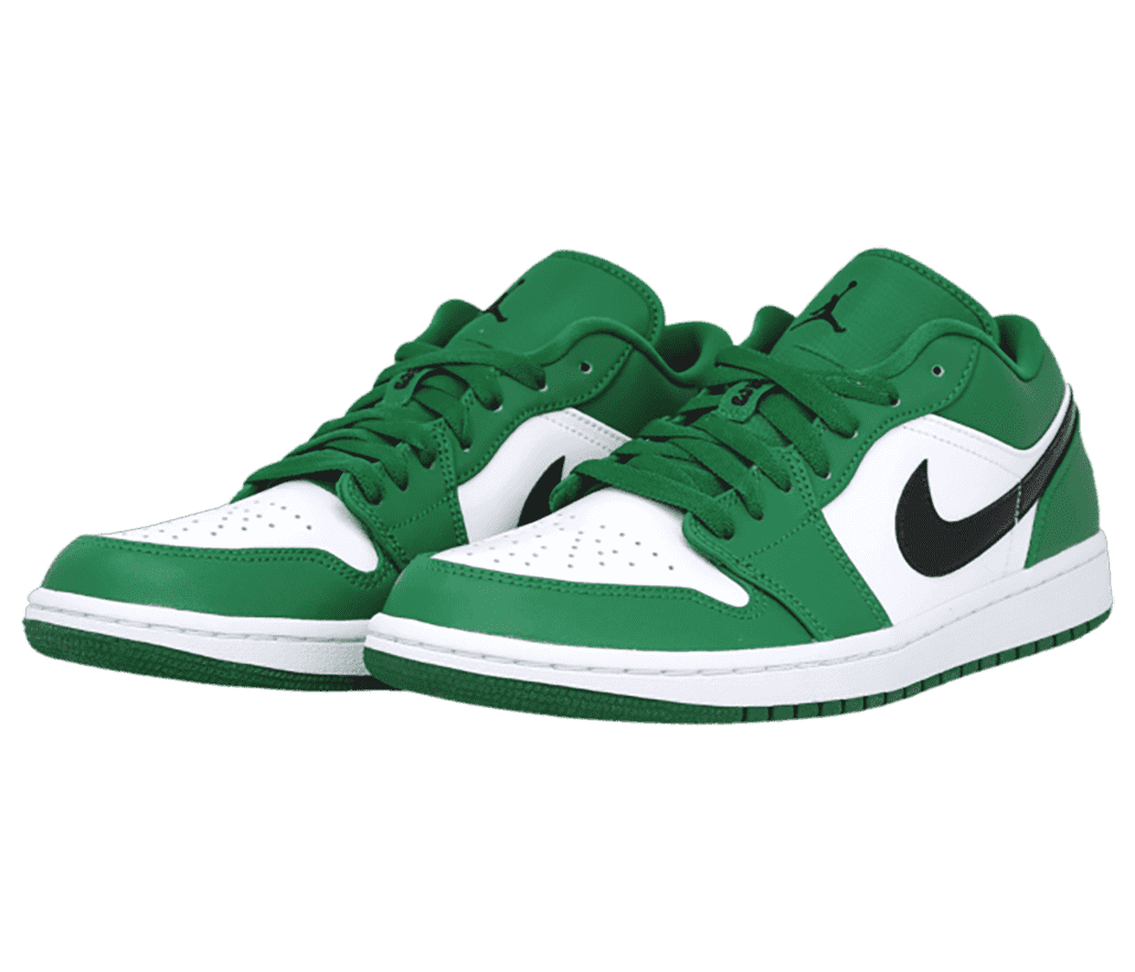A deep green pair of AJ1 Low sneakers with white quarters, toeboxes, and midsoles and black Swooshes and Jumpman logos.