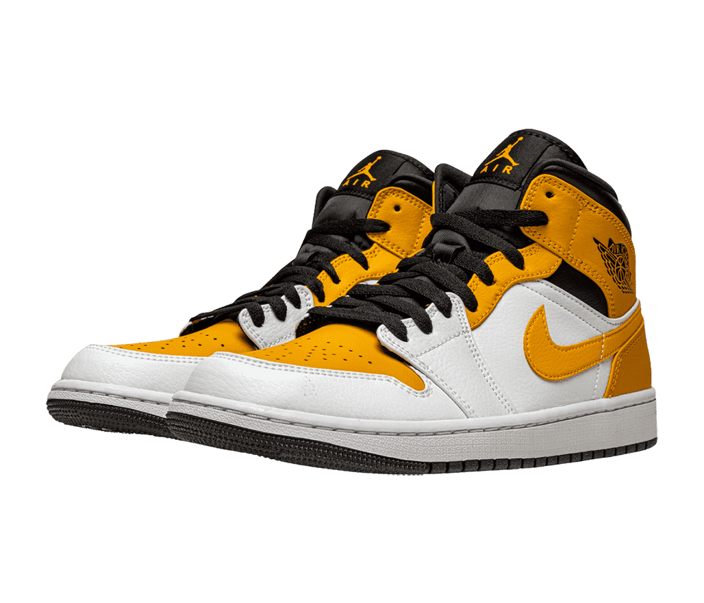 A white pair of AJ1 mid sneakers with golden yellow toeboxes, heels, and Swooshes and black tongues, outsoles, and collars.