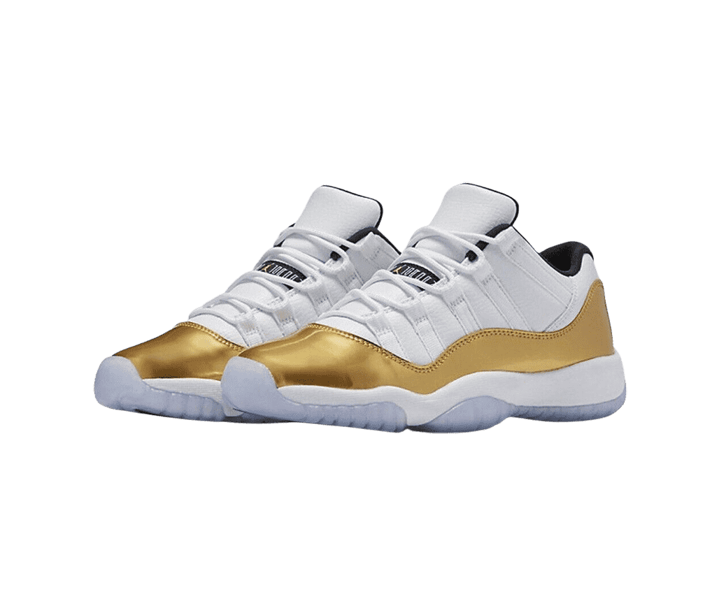 A pair of white AJ11 sneakers with shiny gold overlays and light blue semi-translucent outsoles.