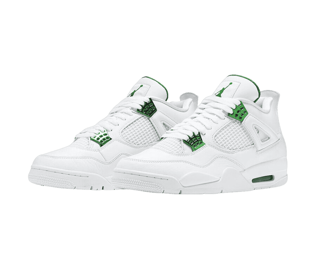 A white suede pair of AJ4 sneakers with green chrome lace cages and Jumpman logos on the tongue.