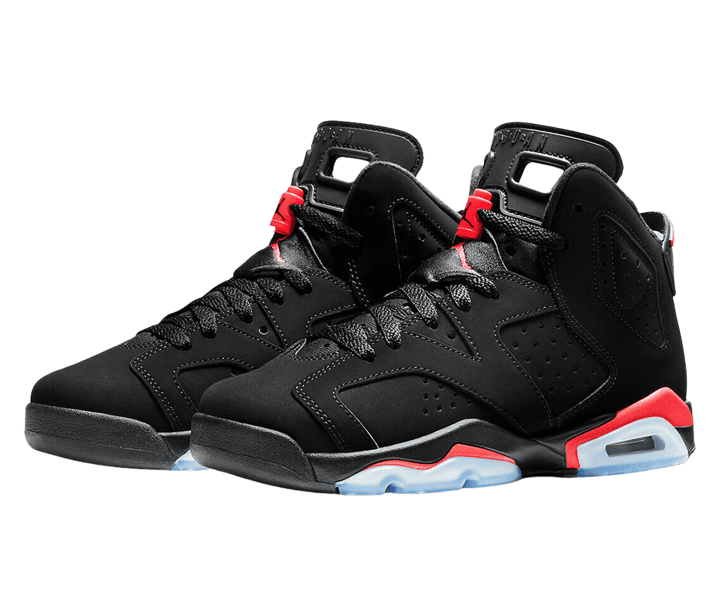 A black suede pair of AJ6 sneakers with red and light blue accents.