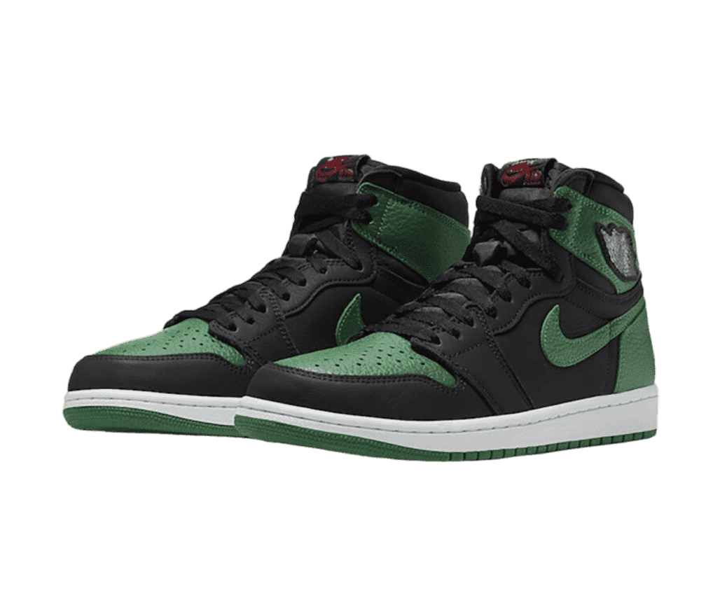 A black pair of AJ1 High sneakers with green tumbled leather toeboxes, Swooshes, and collar straps.