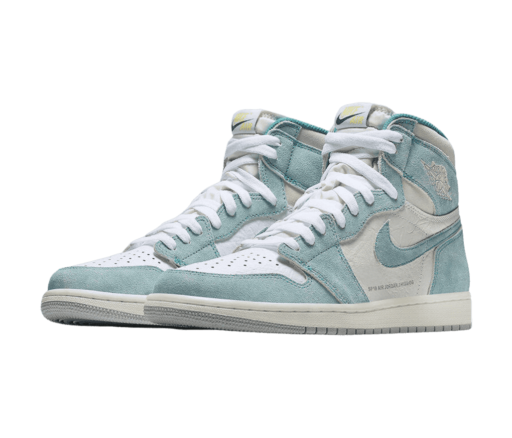 An off-white and light blue pair of AJ1 sneakers in distressed suede with the shoe model written in small print on the sides.