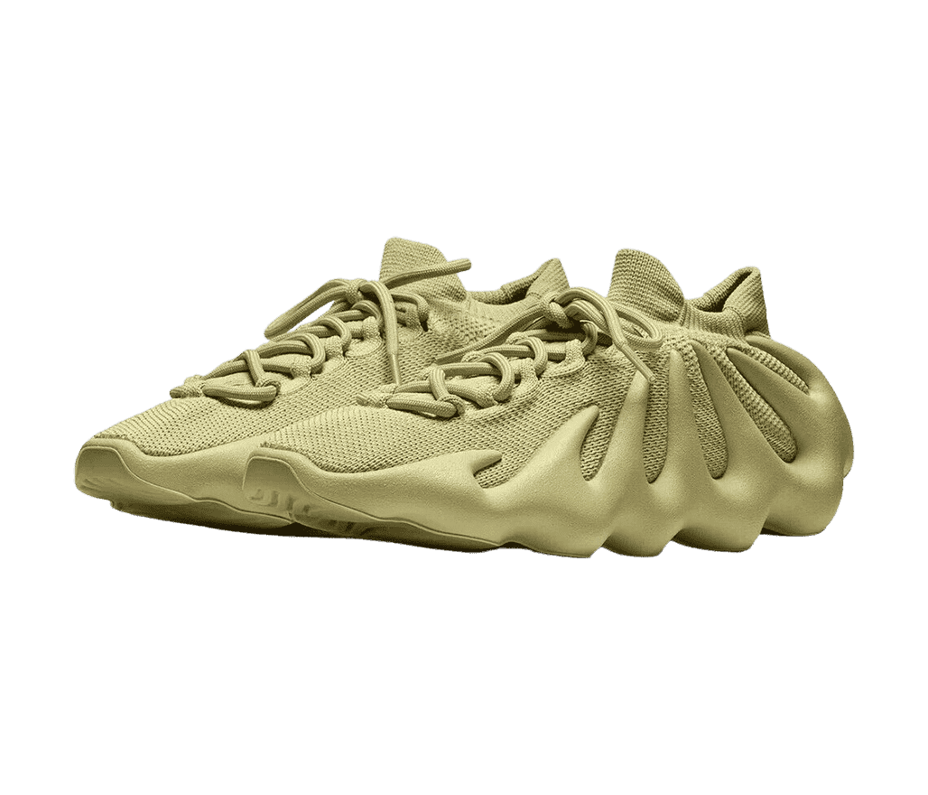 A pair of YEEZY '450 Resin' sneakers in a sage green
                      color, with a a uniquely designed jagged boosted sole.