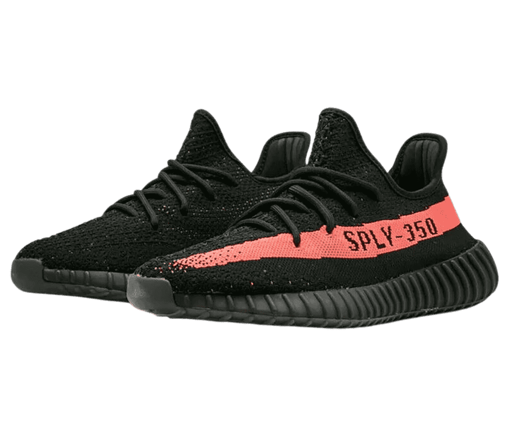 A pair of YEEZY 'black and red' sneakers with a
                      black cotton canvas and a red side stripe that says 'SPLY-350.' 