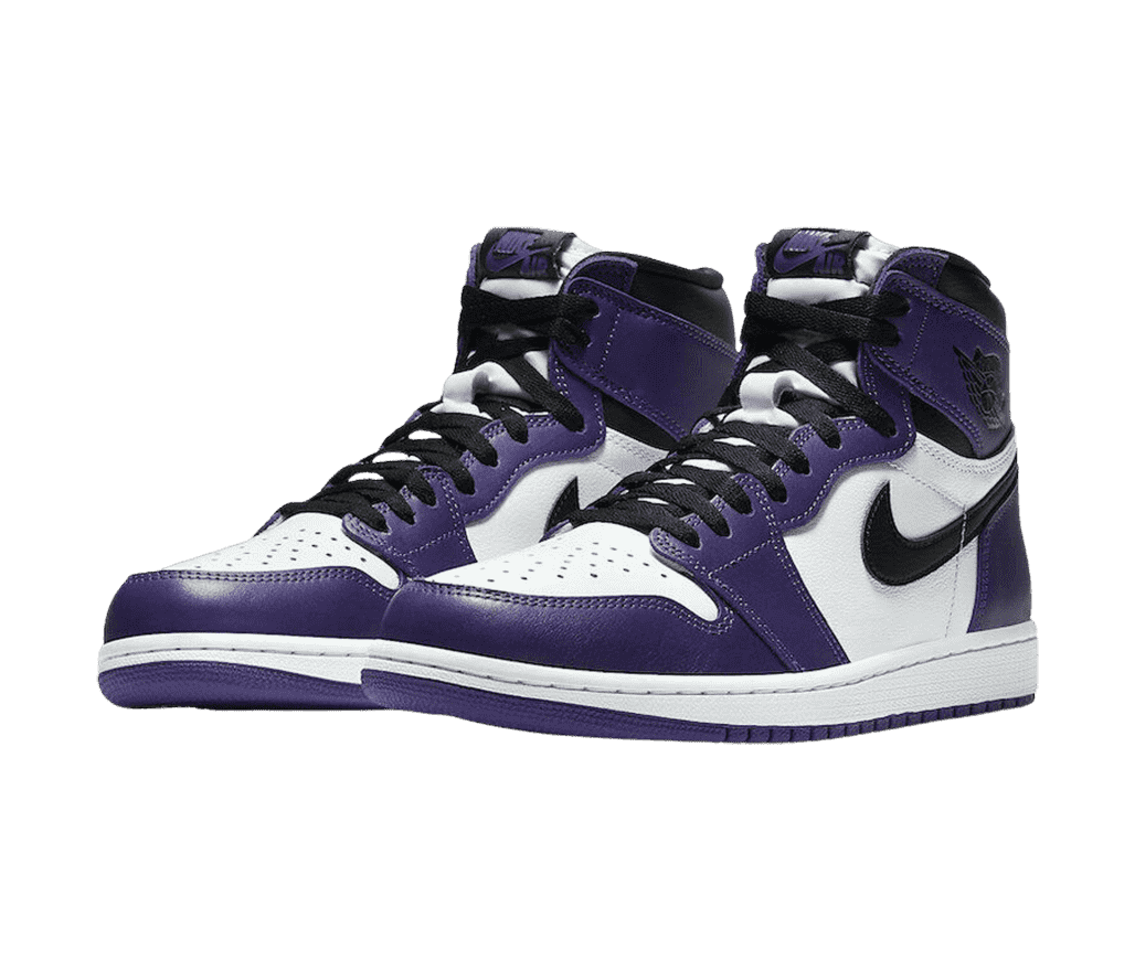 A patent leather pair of AJ1 High sneakers with white uppers, purple overlays, and black Swooshes, collars, and laces.