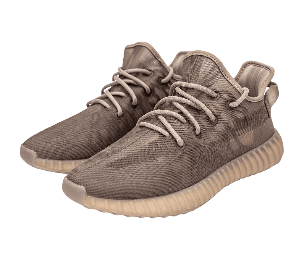 A pair of YEEZY sneakers in brown with a brown semi-translucent side, a brown collar, and boosted sole.