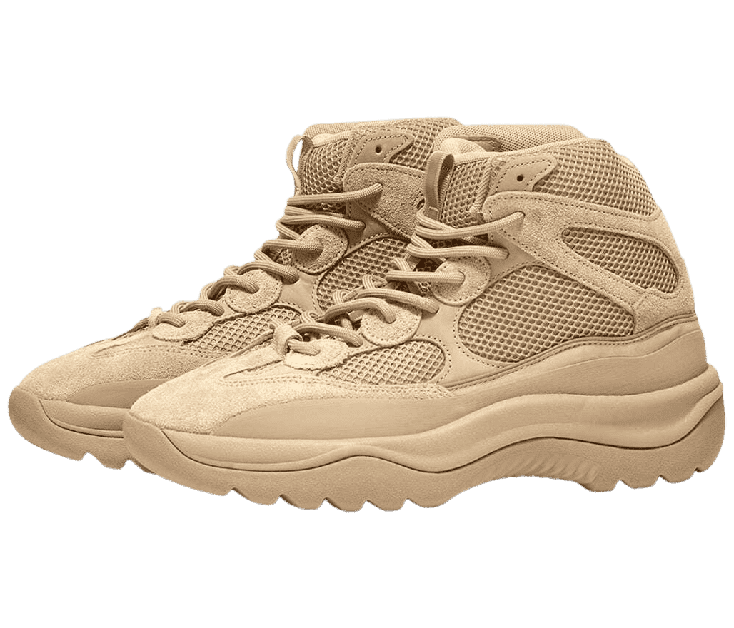 A pair of YEEZY 'Desert Boot' sneakers with sand
                      colored tone on the entire shoe with high-top ankles.