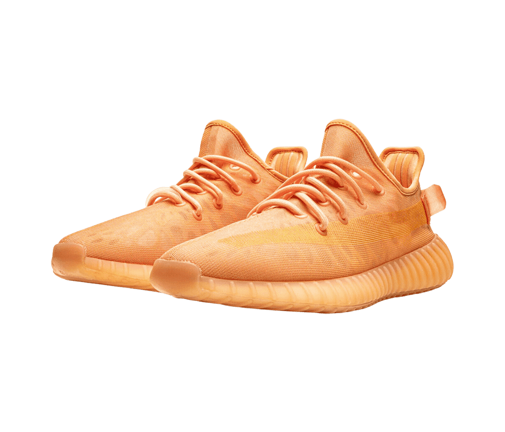 A pair of YEEZY 'Orange' sneakers with an orange
                      semi-translucent side and orange soles, laces, and collar.