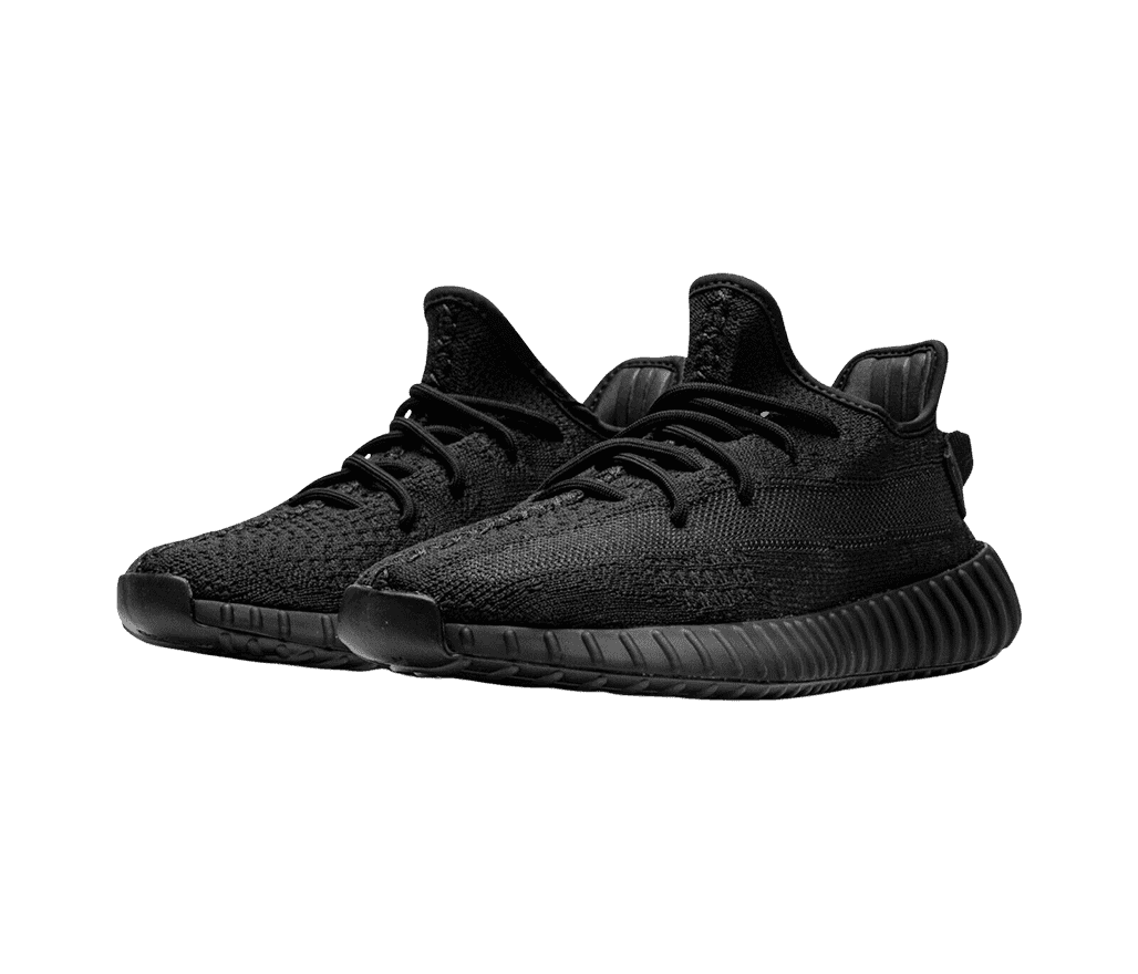 A pair of 'All Black YEEZY' sneakers with every part
                      of the sneaker, the laces, collar, sock lining, and sole in black.