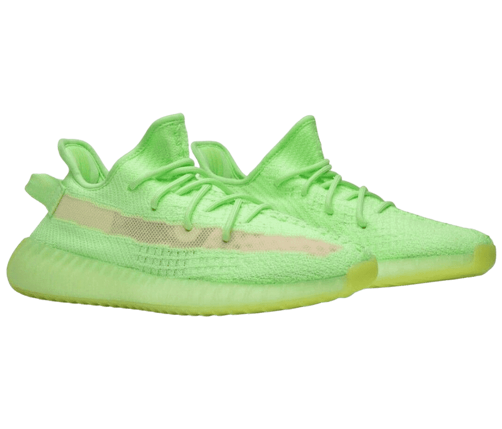 A pair of 'Green YEEZY' sneakers with every part of
                      the sneaker, the laces, collar, sock lining, and sole in bright green.