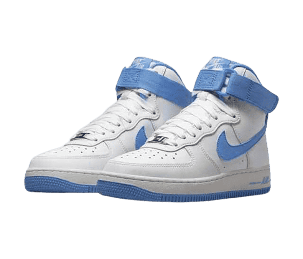 A white pair of AF1 High “Columbia Blue” sneakers with blue outoles, Swooshes, and velcro collar straps.