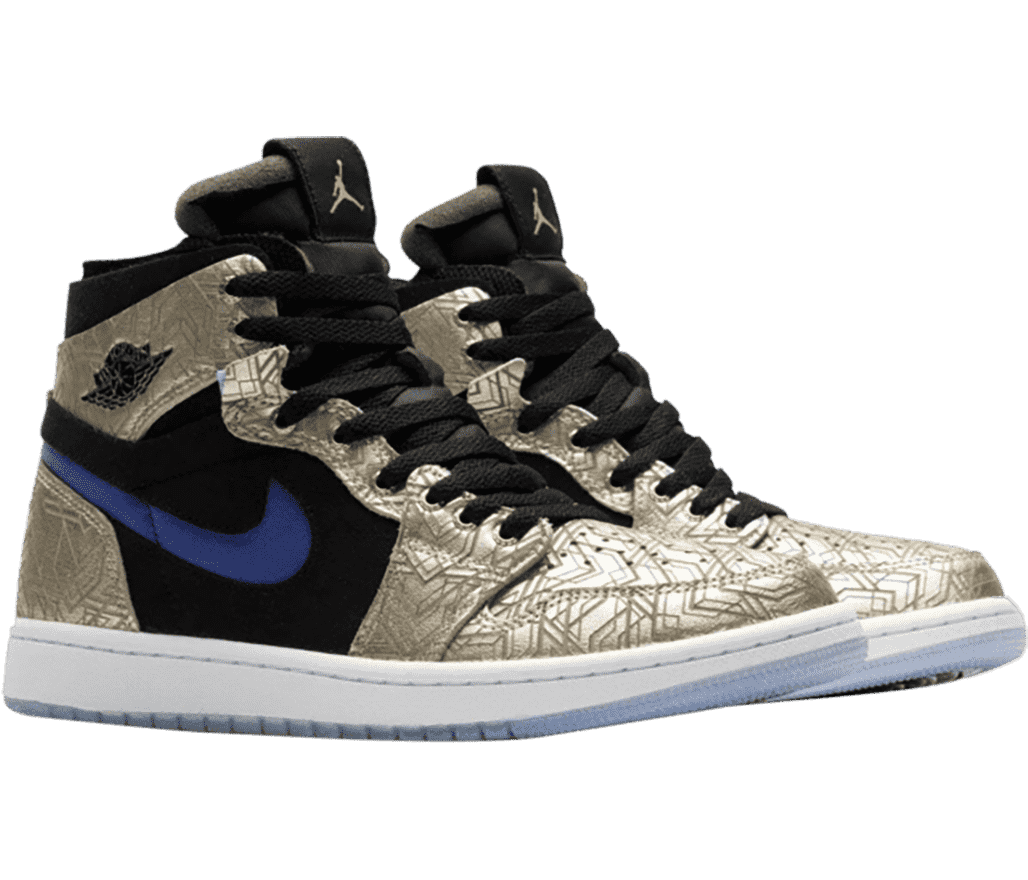 A pair of AJ1 High sneakers in gold, black, and blue with most of the uppers covered in geometric line patterns.