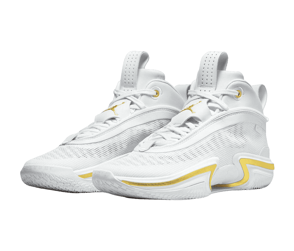 A white pair of AJ36 “Glory” sneakers with mesh uppers, perforated tongue pulls, and gold detailing.
