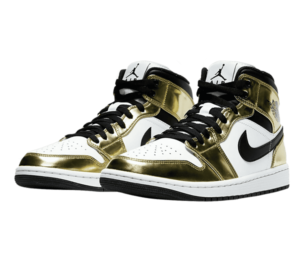 A white pair of AJ1 Mid sneakers with shiny gold overlays and black Swooshes, collars, laces, and outsoles.